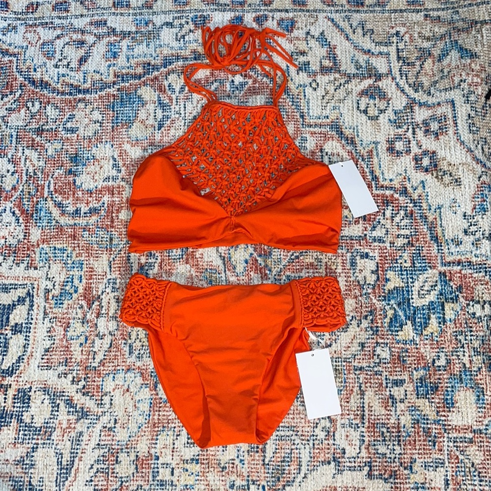 Mikoh Lanikai + Italia Macrame Bikini Set in Orange SZ L NWT